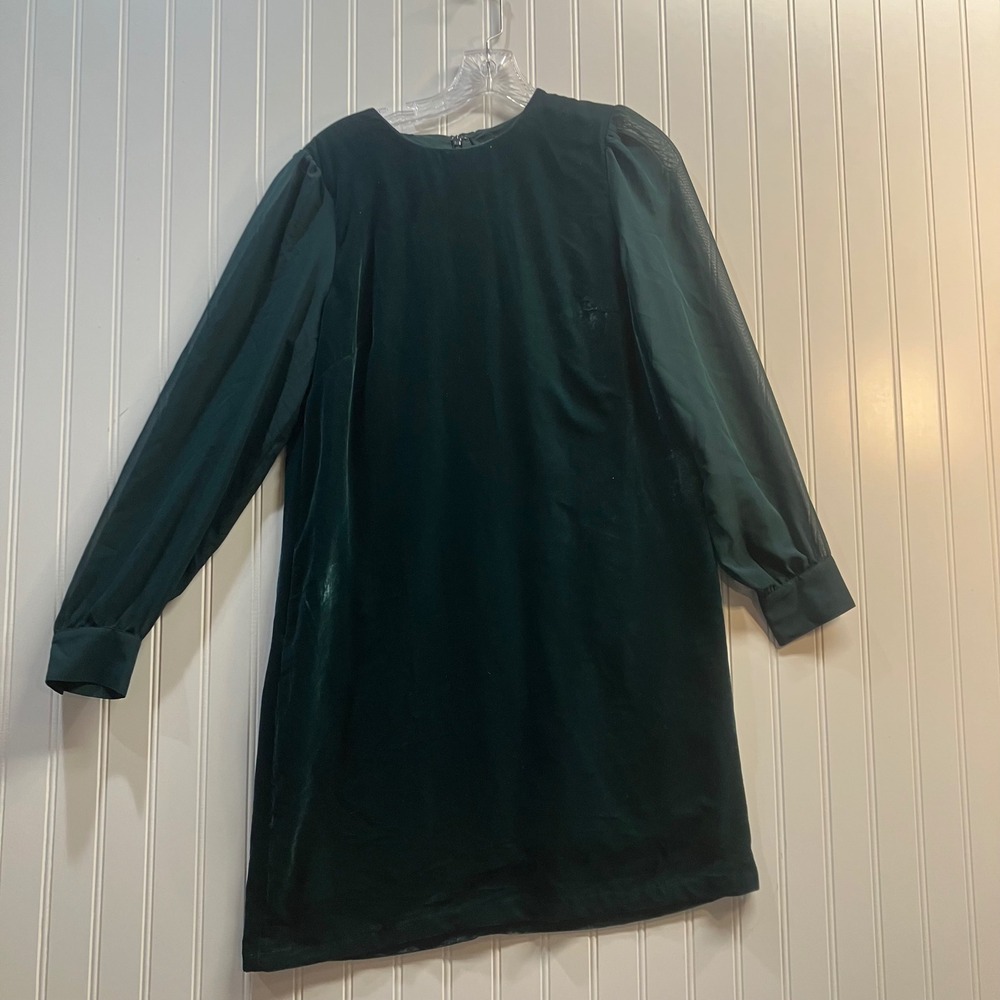 J. Crew Forest Green Velvet Shift Dress Sheer Long Sleeve Mini CE630 6 NWT Flaws
